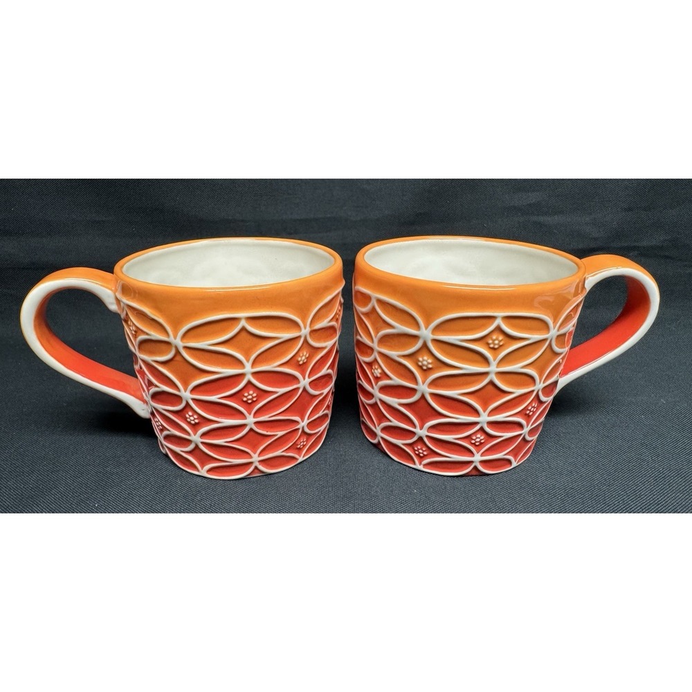 2009 Starbucks 14oz Hand Painted Orange To Red Ombré Coffe Mugs Set Of 2